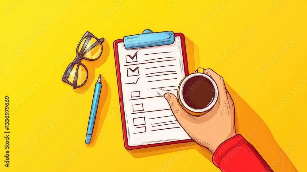 Poster a person holds a cup of coffee while standing next to a clipboard with a checklist