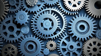 Interlocking gears in a complex system, intricate mechanical design, blue and gray tones, abstract background