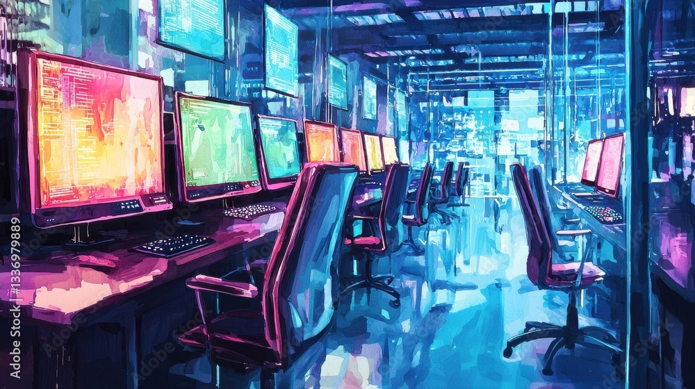 Poster a futuristic computer lab filled with high-tech workstations. each desk displays vivid screens, crea