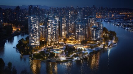 Naklejka premium A nighttime view of a modern waterfront residential complex surrounded by city lights.