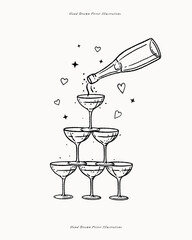 Hand-drawn champagne tower illustration. A bottle pours into stacked glasses with hearts and sparkles. Perfect for greeting cards, invitations, posters, banners, and postcards.