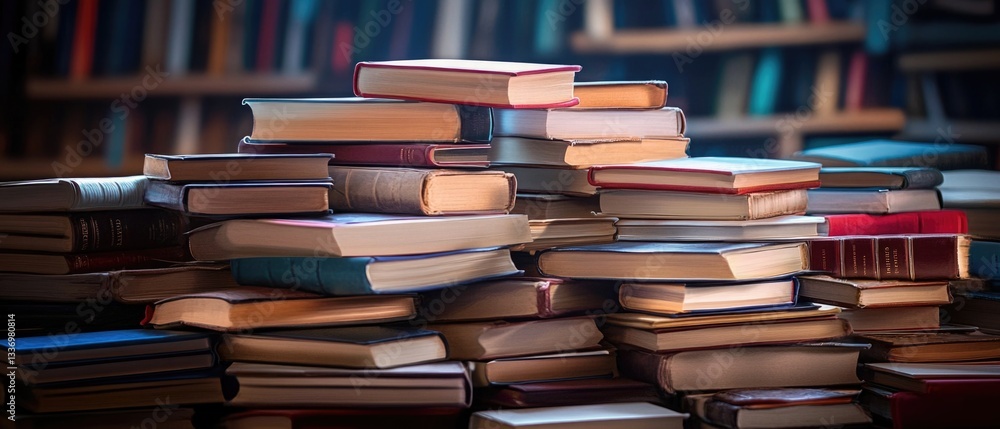 Poster A stack of books resting on a flat surface