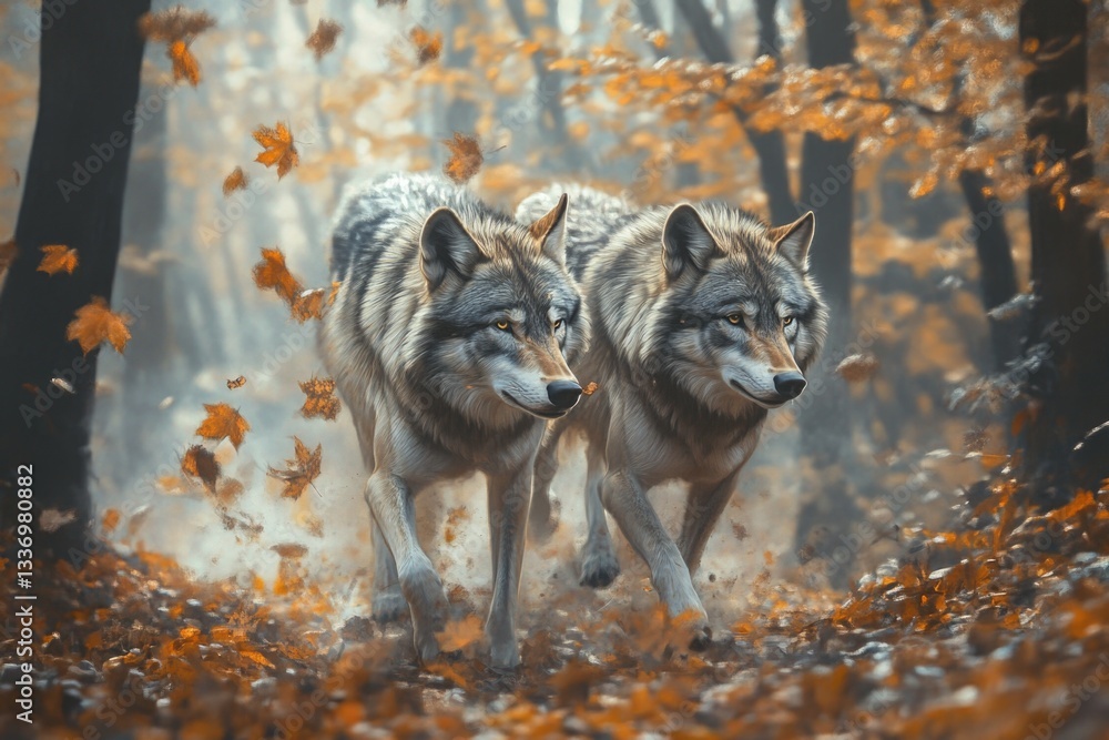 Poster two wolves walking together in a forest during autumn, could be used as a background for environment