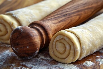 Rolling pins and prepared pastry dough on wooden kitchen table Generative AI