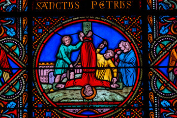 Stained glass (19th century) of the death of Saint Peter or Simon Pierre. Apostle and Saint of the...