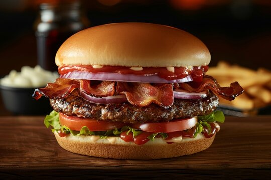 Savory bacon burger presented on rustic wooden board with space for personal customization