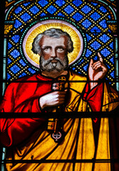 Fototapeta premium Stained glass (19th century) of Saint Peter the apostle with the keys of the Church.