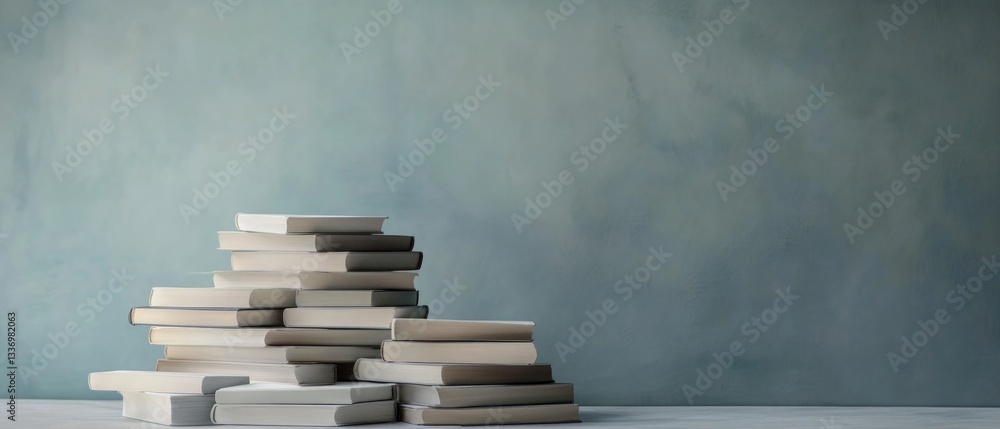 Poster a collection of books stacked on a table, ideal for use in educational or office settings