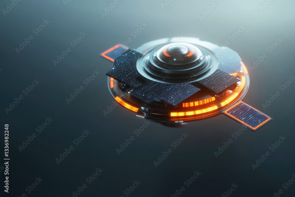 Poster a futuristic spaceship with a solar panel on its roof, ideal for sci-fi or technology concepts