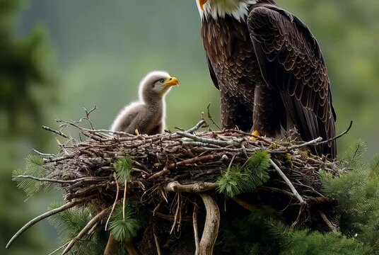 Bald eagle and eaglet in nest during spring in a forested area highlighting the beauty of wildlife and parental care in nature