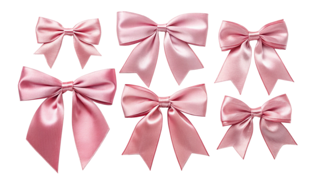 beautiful decorative pink satin bow collection set for wedding favors and feminine gift packaging isolated on clean background
