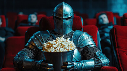 Knight in full plate armor sitting in a movie theater, holding a large bucket of popcorn, watching the screen with excitement