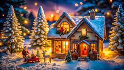 Christmas Miniature House Scene: Santa, Reindeer & Snowy Night