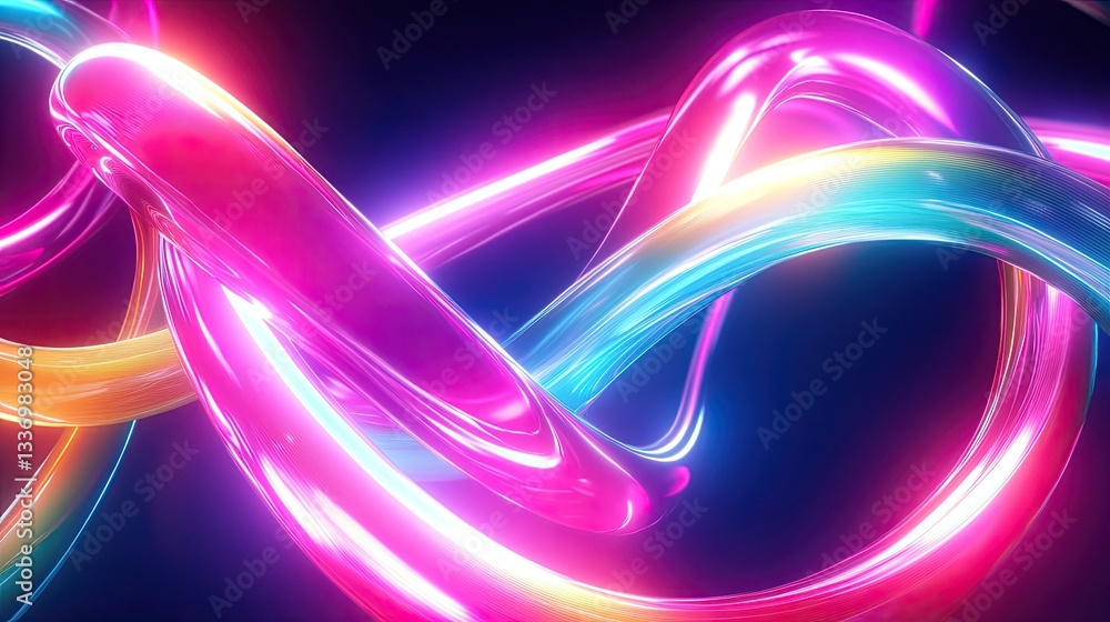 Poster surreal multicolored neon ribbons swirling in smooth motion, creating an abstract high-tech design
