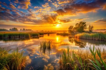 Obraz premium Cinematic Wetlands Landscape: Serene Sunset Over Marsh, Reeds, and Still Water