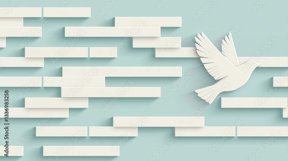 Poster pigeon flying through abstract layers of encrypted digital data in soft pastel colors