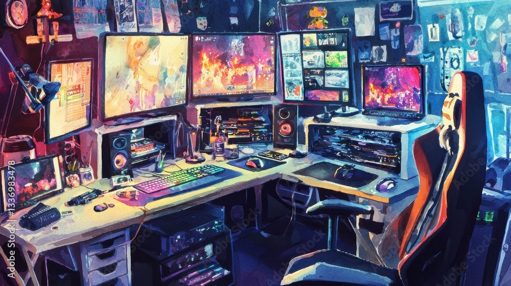 Poster a dynamic gaming setup features multiple monitors illuminated by colorful led lights. various gaming