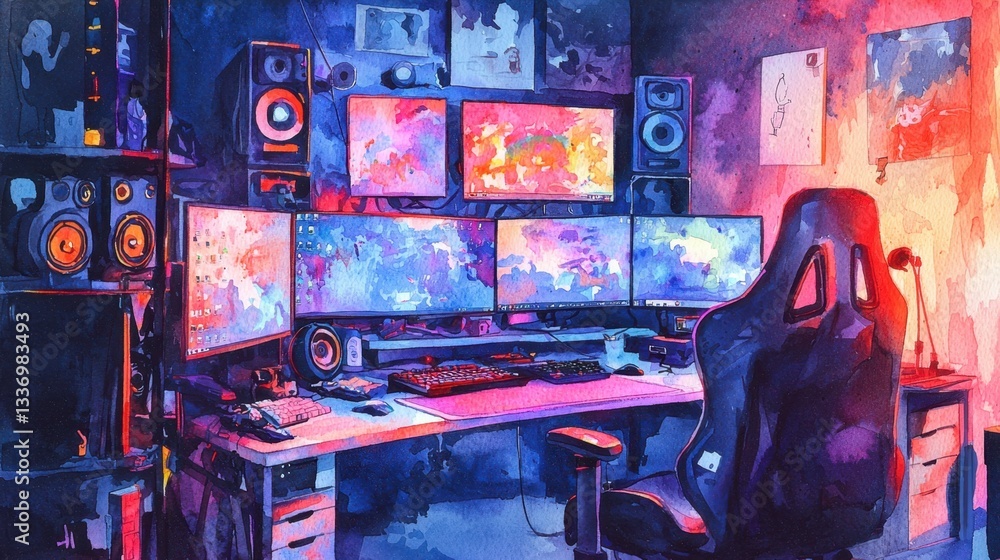 Aufkleber a modern gaming desk features multiple screens displaying colorful graphics, with a racing-style cha