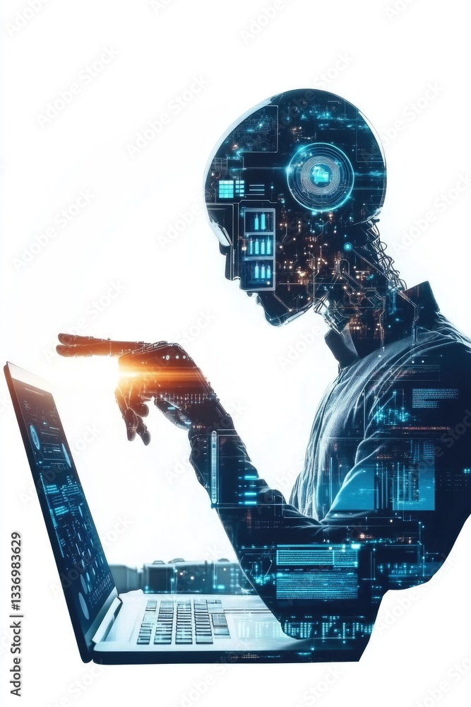 Aufkleber a person using a laptop computer with headphones on, possibly working or studying