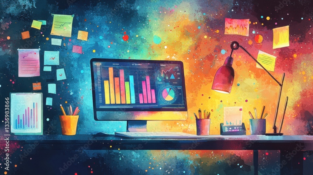 Poster a desk is illuminated by a warm lamp, displaying a computer with colorful graphs and charts. surroun