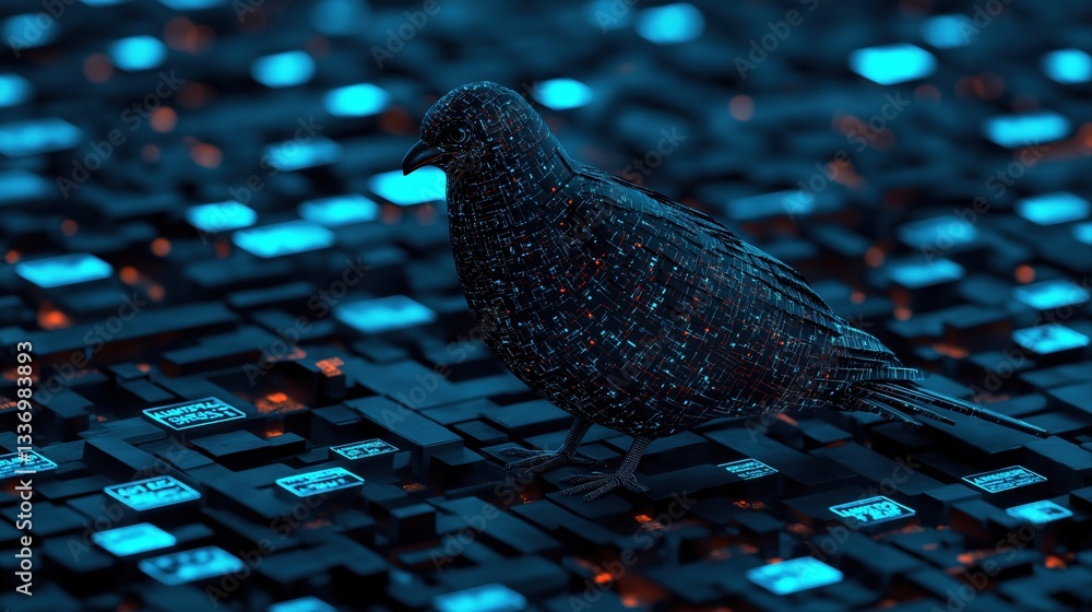 Poster futuristic pigeon delivering digital advertisements on a matrix of technology and data elements