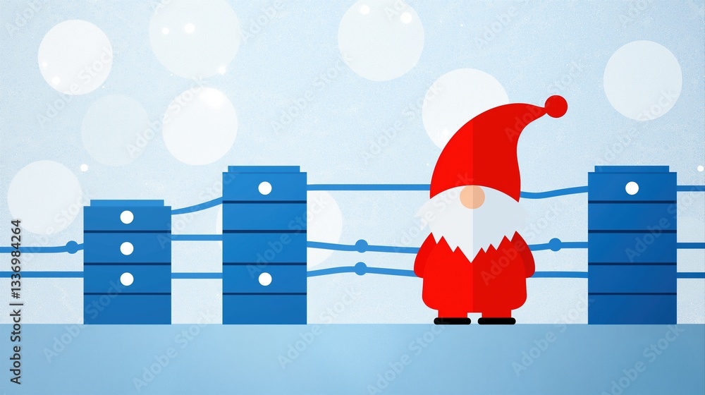 Poster secure banking access with gnome character in a creative magical background of servers and networks