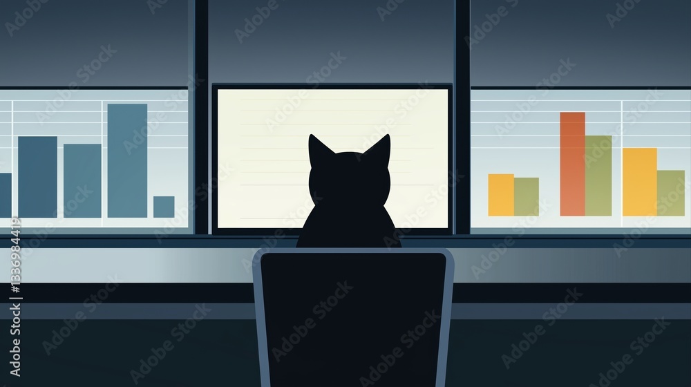 Poster cat observing data on screens in a modern monitoring and cybersecurity environment