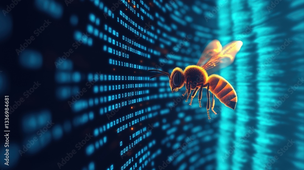 Poster bee interacting with futuristic digital environment and binary code in an engaging style