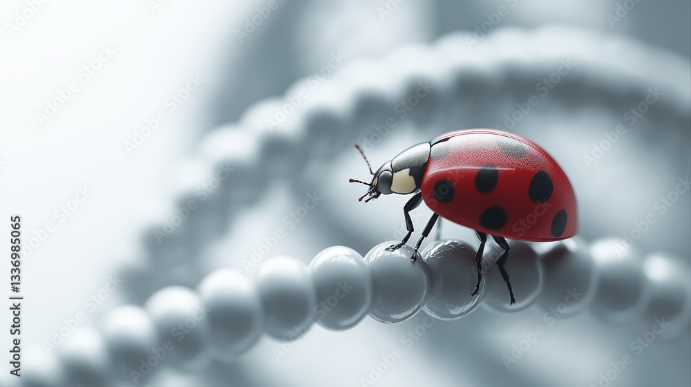 Poster futuristic ladybug examining dna strands in a scientific environment with abstract elements