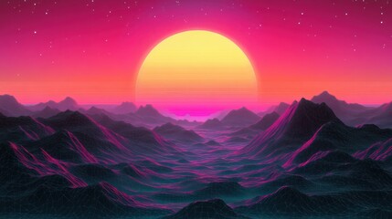Synthwave Sunset Over a Wireframe Mountain Range