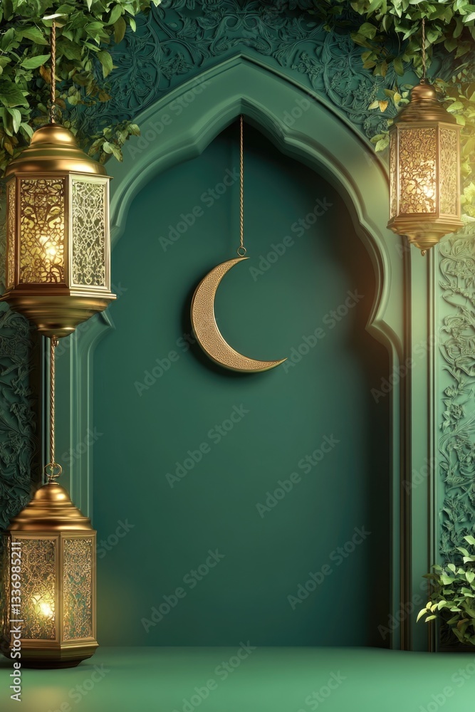 Aufkleber a serene outdoor setting featuring a green wall with a lantern and a crescent moon hanging from it