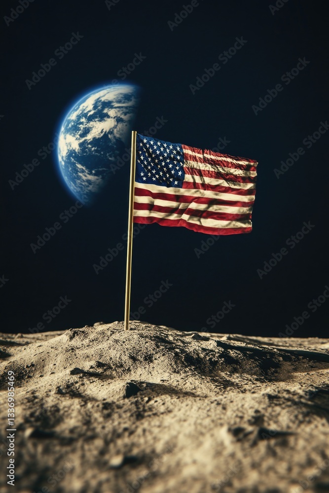 Poster american flag on the surface of the moon with a distant view of the earth