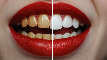 Transformation of teeth color showcasing before and after smile enhancement with red lipstick