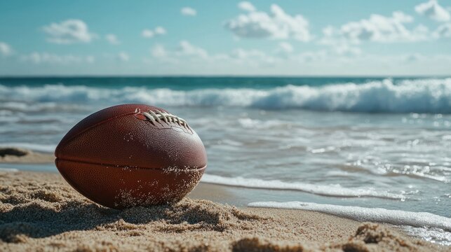 A football rests on sandy beach near waves, capturing a moment of leisure and play.