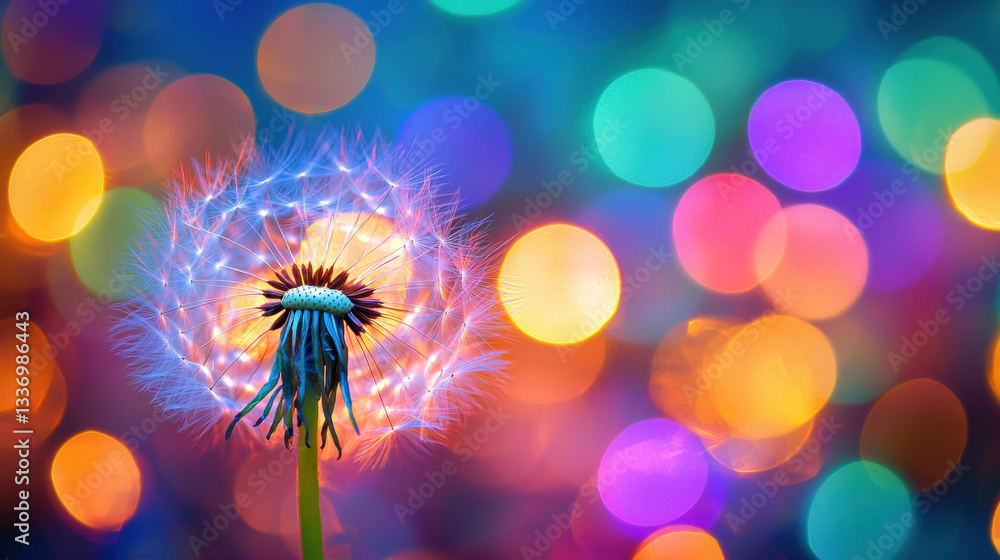 Poster a delicate dandelion seed head glows with tiny illuminated filaments against a vibrant background of