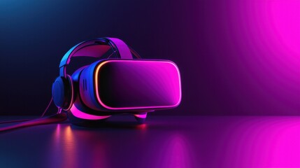 A VR headset on a sleek table, glowing with a futuristic interface.