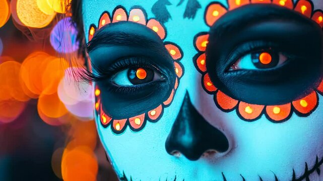 Stunning portrait of a person with colorful sugar skull makeup, featuring vibrant patterns and glowing lights in the background, capturing the essence of celebration.
