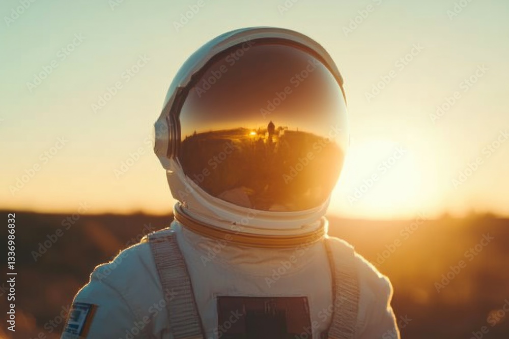 Poster a person wearing a space suit stands in an open field, surrounded by nature