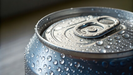 refreshing can with droplets glistening in summer breeze, perfect for hot day