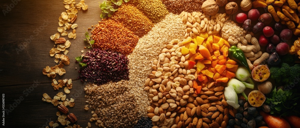 Poster a colorful display of various nuts, seeds, and fruits on a table