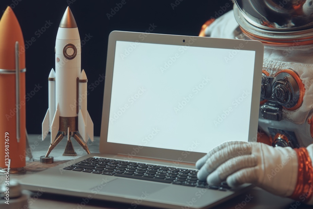 Poster man in space suit working on laptop in space station
