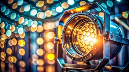 Close-up Stage Lighting: Metal Frame Bokeh, Dramatic Dark Backdrop