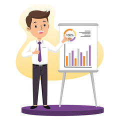 Illustration of a businessman giving a presentation with charts 