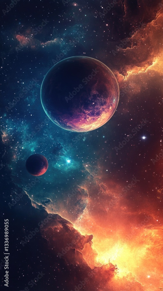 Poster a stunning space scene featuring multiple planets and stars