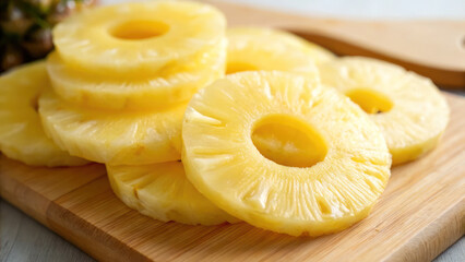 Fresh pineapple slices are arranged neatly on wooden cutting board, evoking sense of summer, breeze, and tropical delight