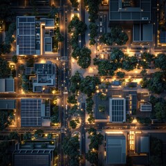 A top-down view of a smart city with interconnected power grids, AI-driven energy management