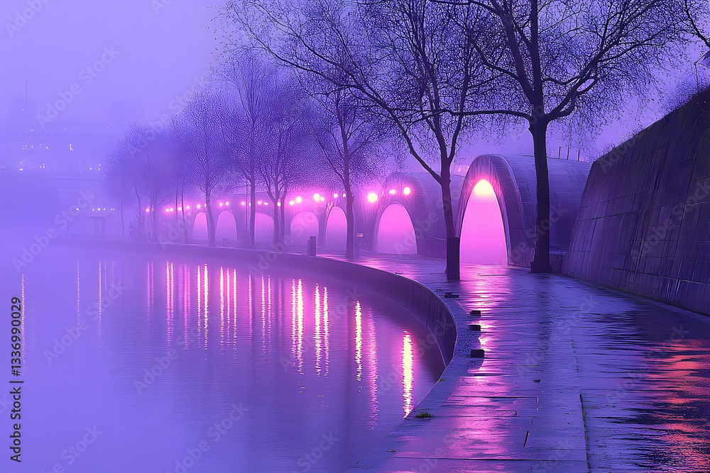 Poster serene nighttime view of a foggy riverbank with illuminated arches and bare trees reflecting on wate