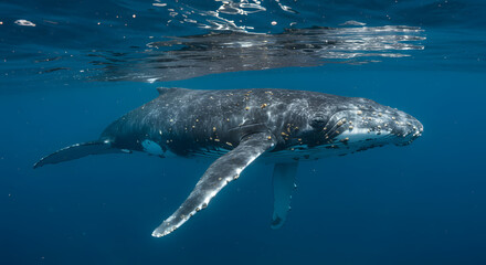 Naklejka premium A whale and its barnacle companions drifting through the ocean depict the coexistence of organisms in shared habitats.