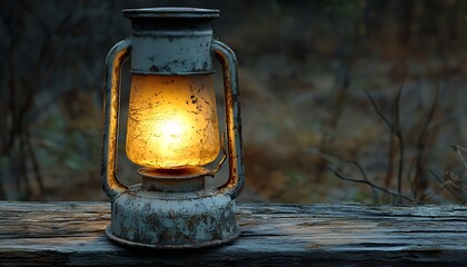 An old weathered lantern illuminated with a warm gentle glow