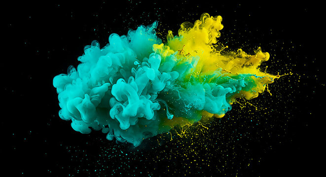 A vibrant turquoise and yellow dry paint collision forming a cloud on a black backdrop